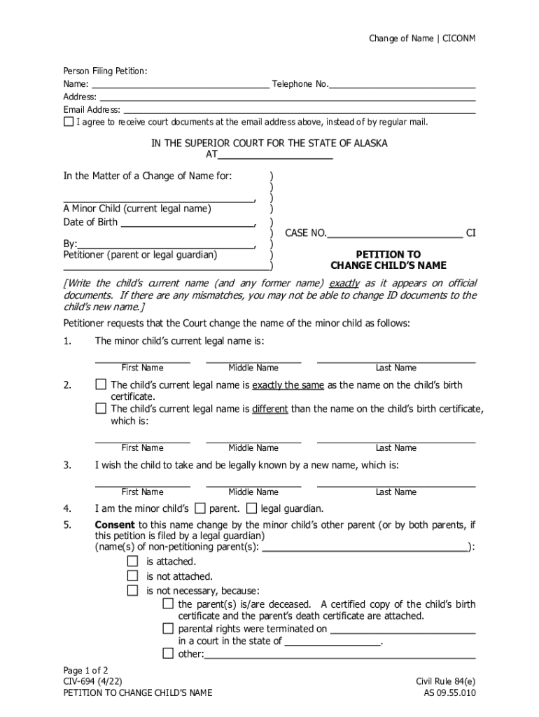 CIV-694 Petition to Change Child's Name Preview on Page 1