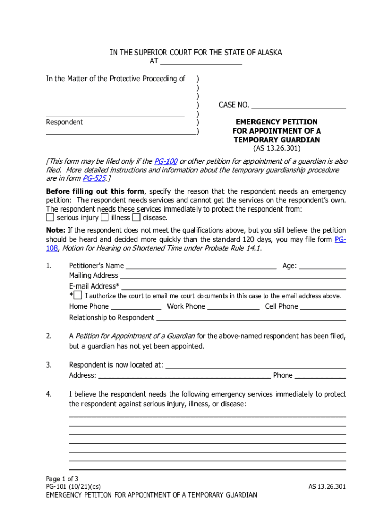 PG-101 Emergency Petition for Appointment of a Temporary Guardian Preview on Page 1