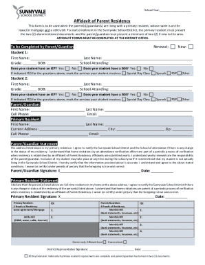 Affidavit of Parent Residency