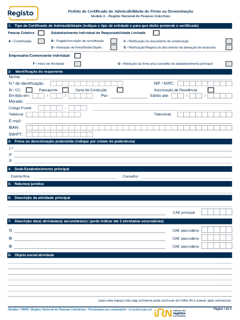 Pedido De Certificado De Admissibilidade De Firma Ou Denomina o Preview on Page 1