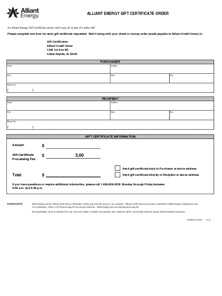 Alliant Energy Gift Certificate Order Preview on Page 1