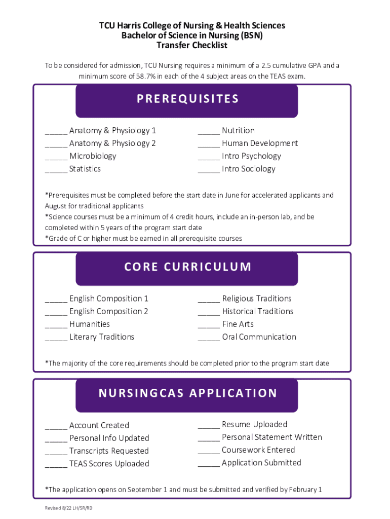 Fillable Online Bachelor of Science in Nursing (bsn) Transfer Checklist ...