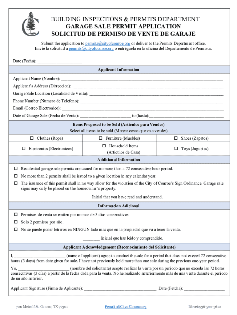 Garage Sale Permit Application Preview on Page 1