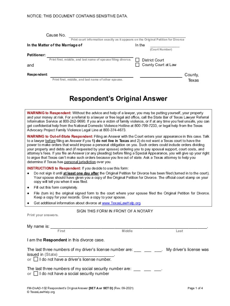 Texas Respondent's Original Answer Divorce Form Preview on Page 1