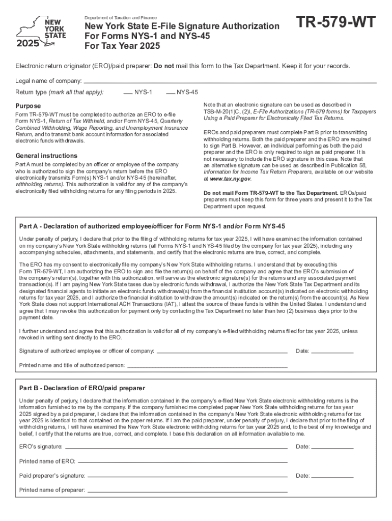 New York State E-File Signature Authorization For Forms NYS-1 and NYS-45 For Tax Year 2025 Preview on Page 1