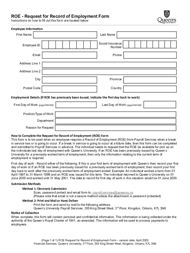 Fillable Online Request for Record of Employment (roe) Fax Email Print ...