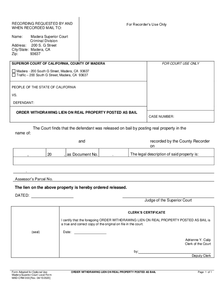 Order Withdrawing Lien on Real Property Posted as Bail Preview on Page 1