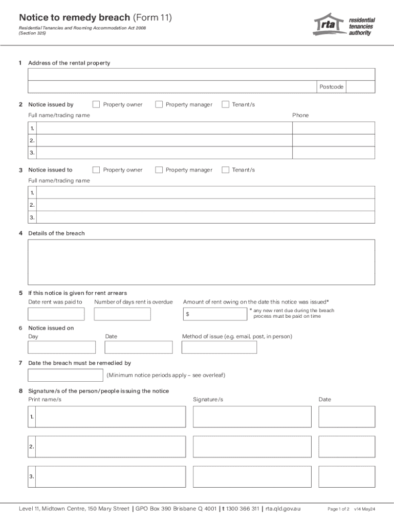 Notice to Remedy Breach Form 11 Preview on Page 1