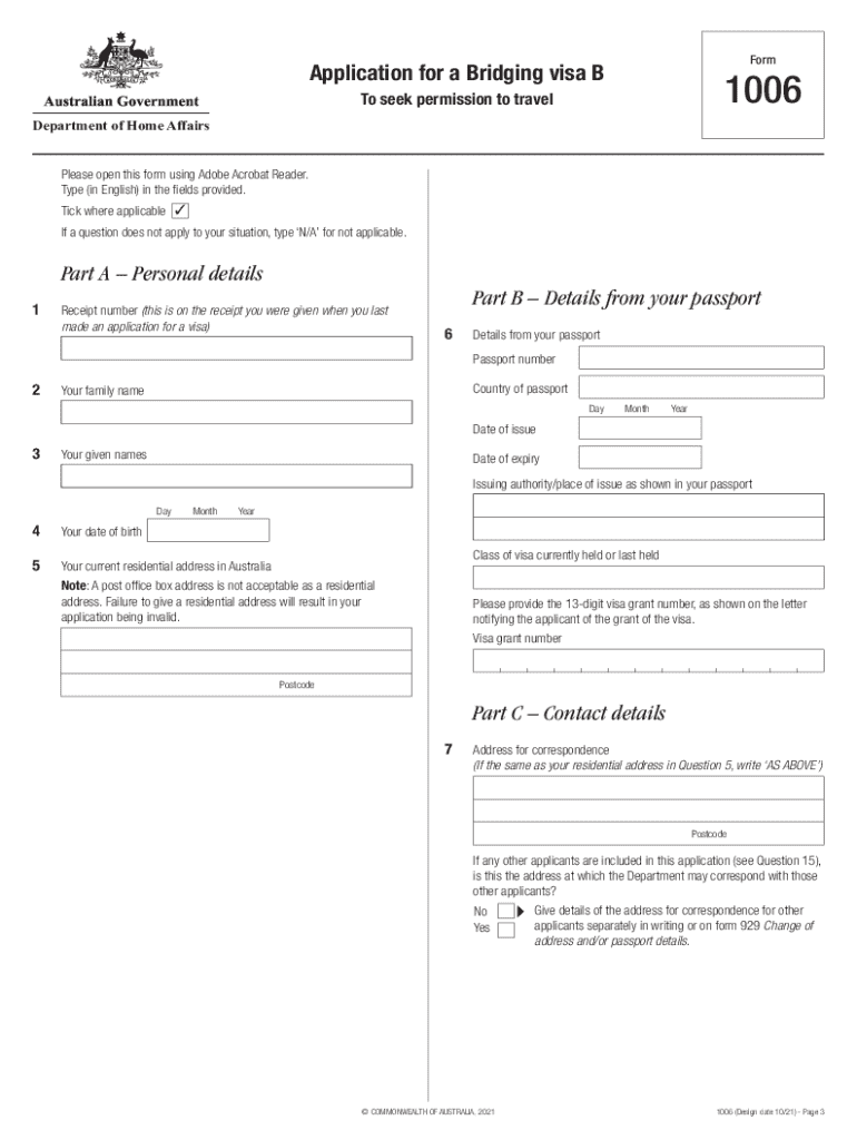 Application for a Bridging Visa B Preview on Page 1