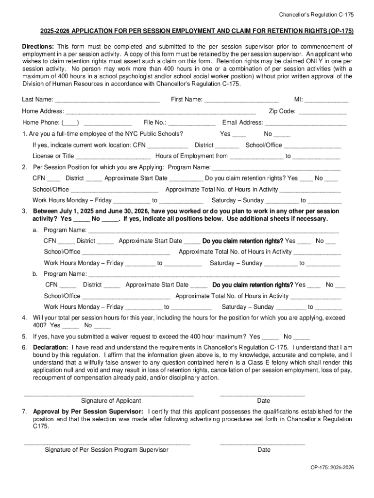 Application for Per Session Employment and Claim for Retention Rights (op-175) Preview on Page 1