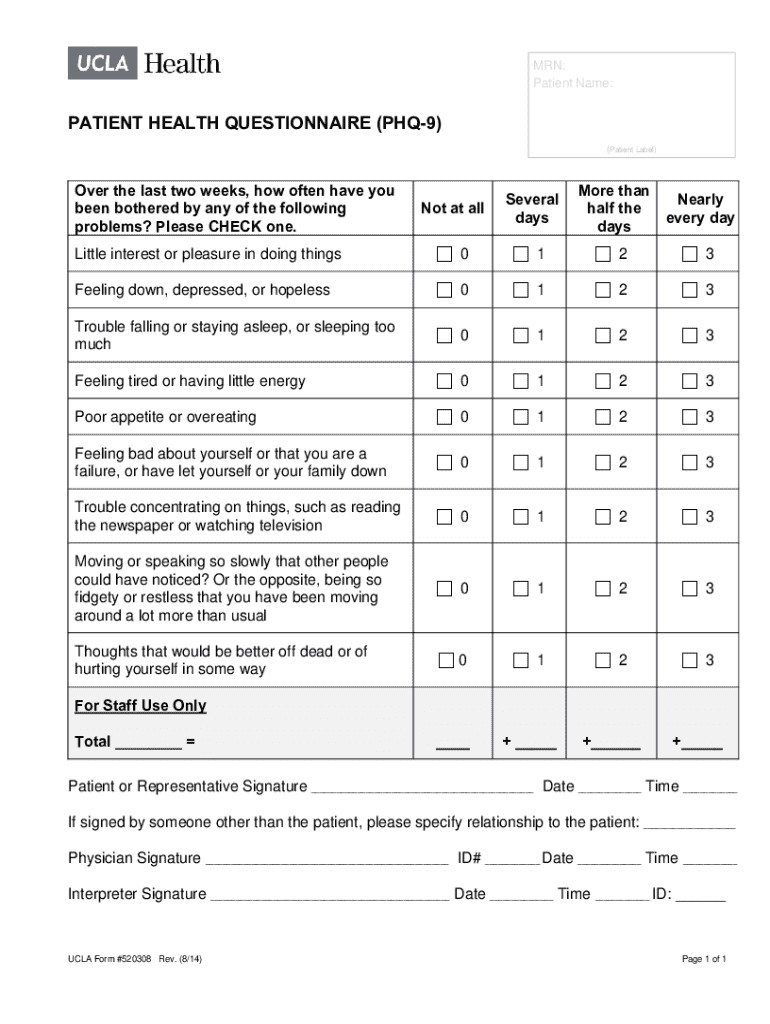 Fillable Online Patient Health Questionnaire (phq-9) Fax Email Print ...