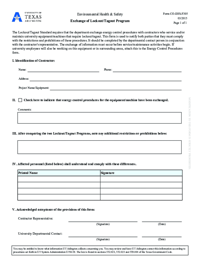 Fillable Online Lockout/tagout Program Exchange Form Fax Email Print ...