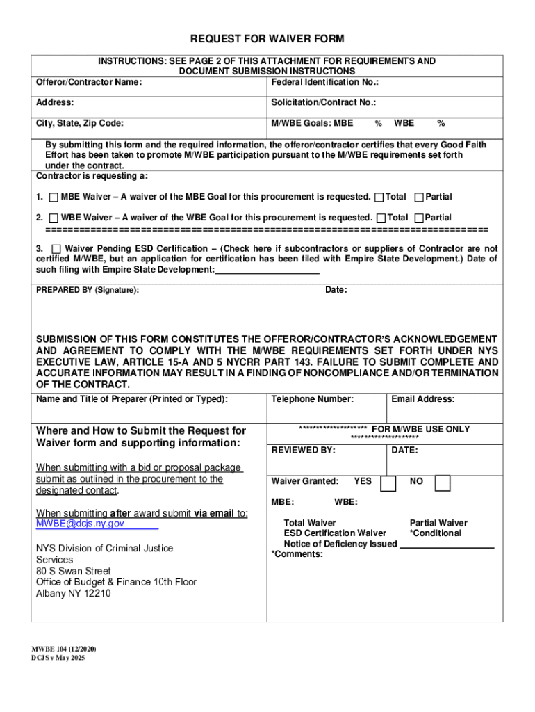 Fillable Online Request for Waiver of M/wbe Goals Fax Email Print ...