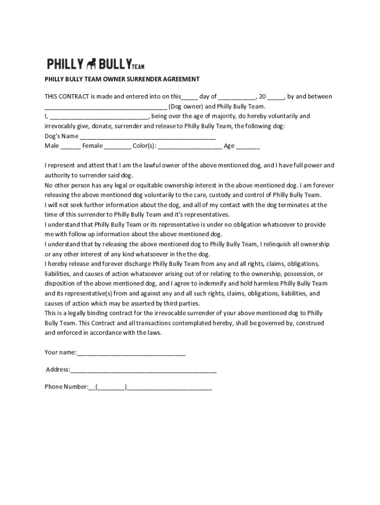 Fillable Online Owner Surrender Agreement Fax Email Print - pdfFiller