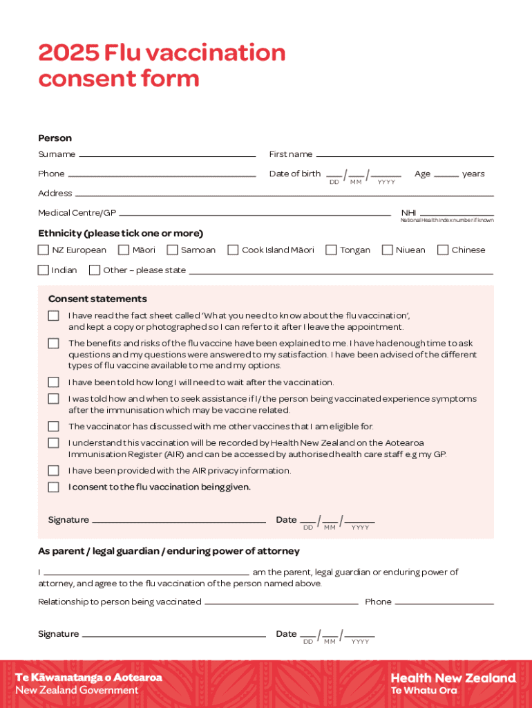 2025 Flu Vaccination Consent Form Preview on Page 1