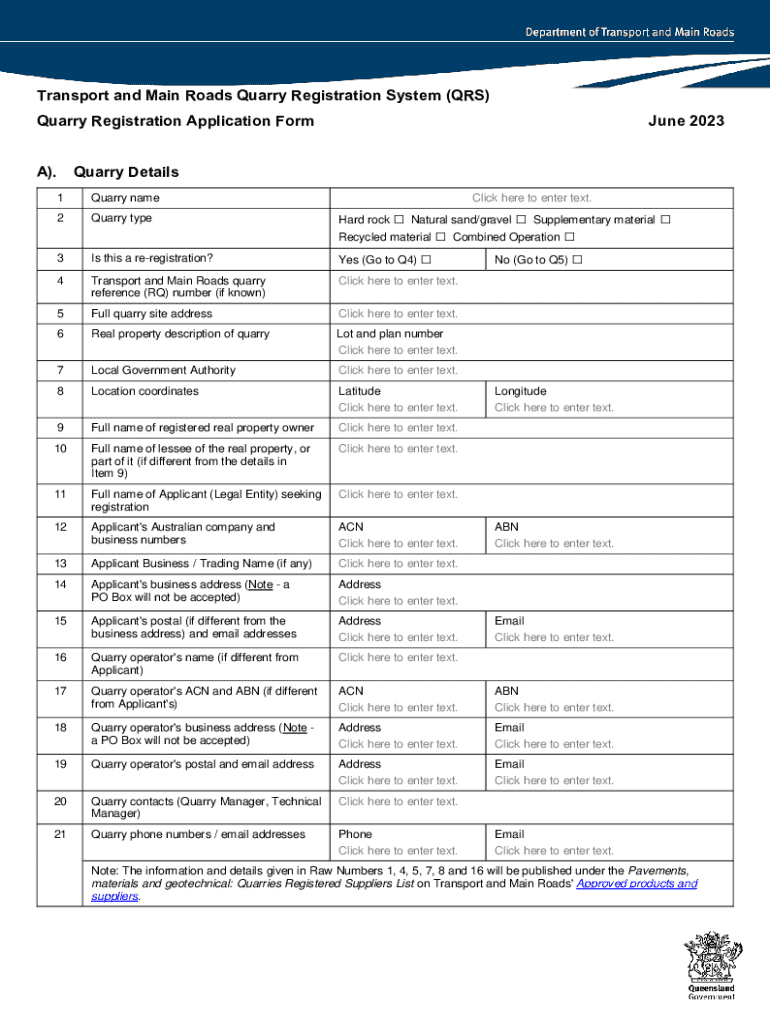 Quarry Registration Application Form Preview on Page 1