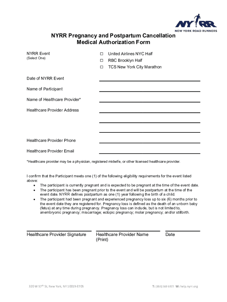 Nyrr Pregnancy and Postpartum Cancellation Medical Authorization Form Preview on Page 1