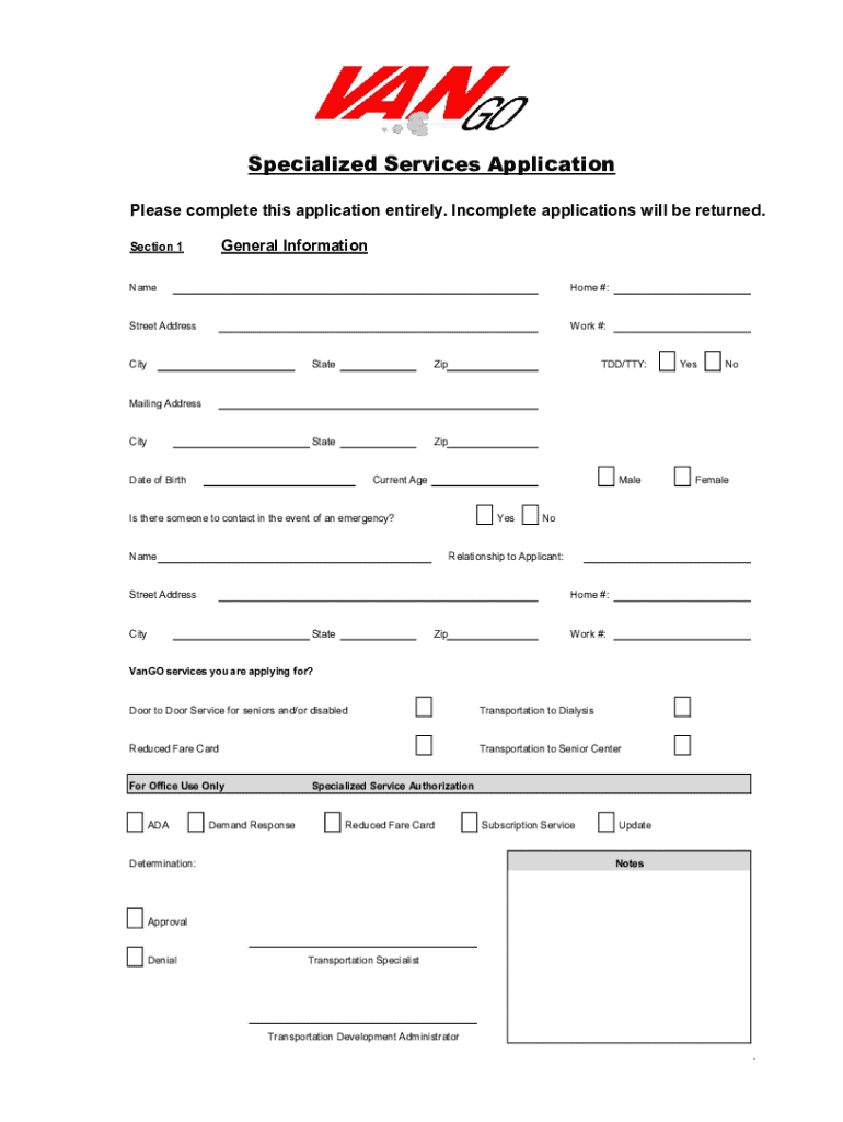 Specialized Services Application Preview on Page 1