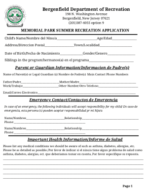 Memorial Park Summer Recreation Application