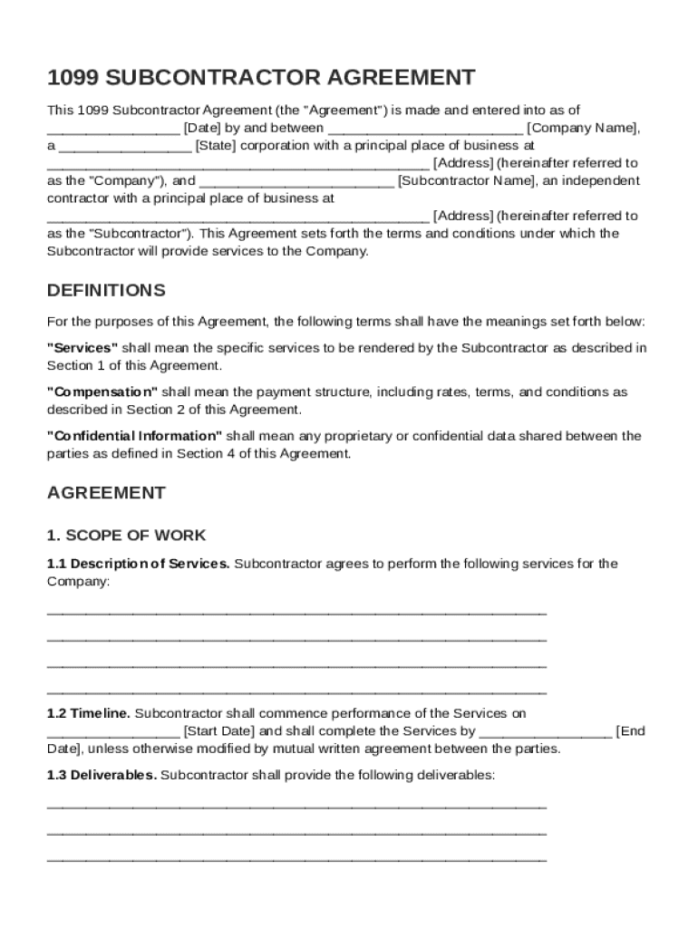 1099 Subcontractor Agreement Template Preview on Page 1