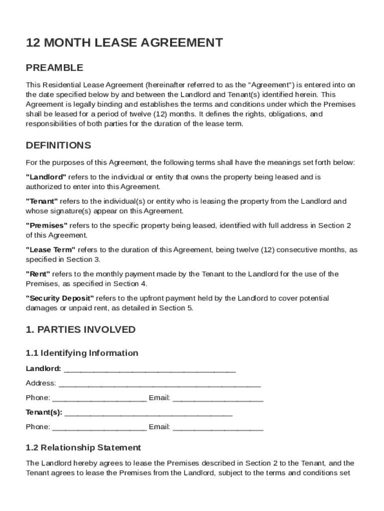 12 Month Lease Agreement Template Preview on Page 1