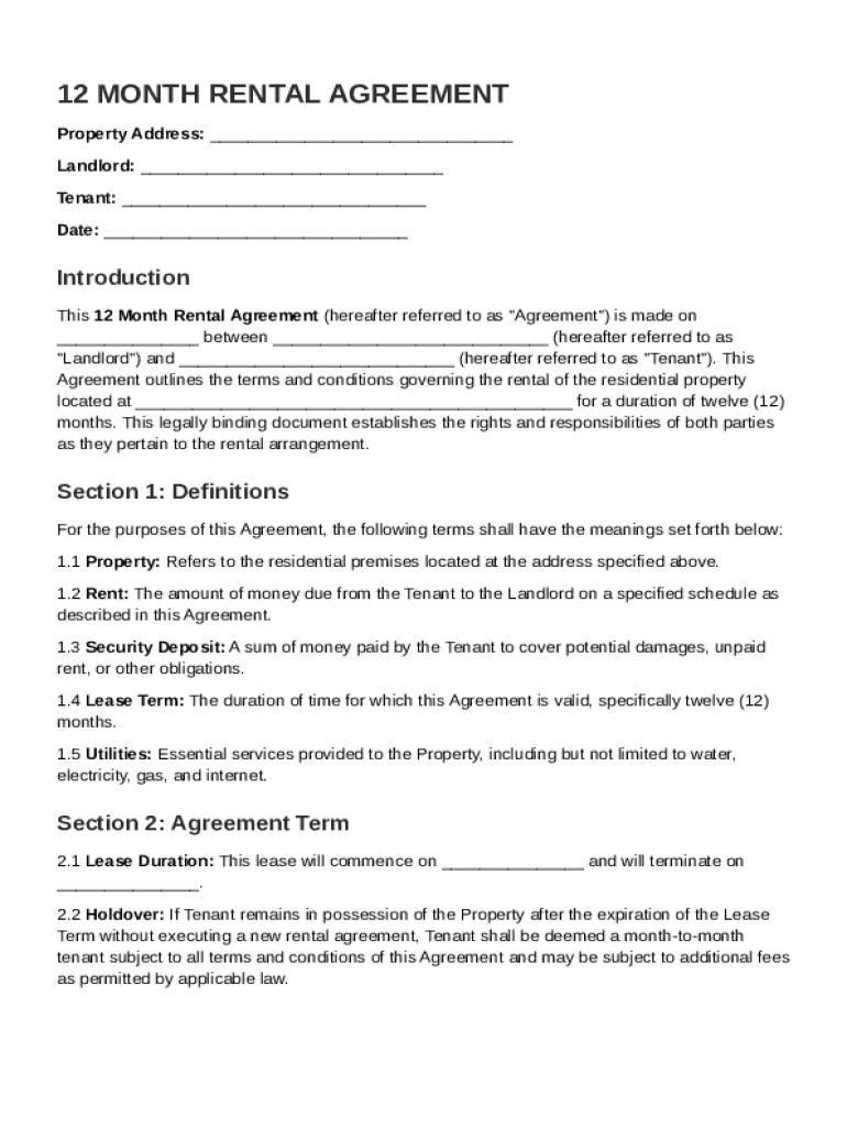 12 Month Rental Agreement Template Preview on Page 1