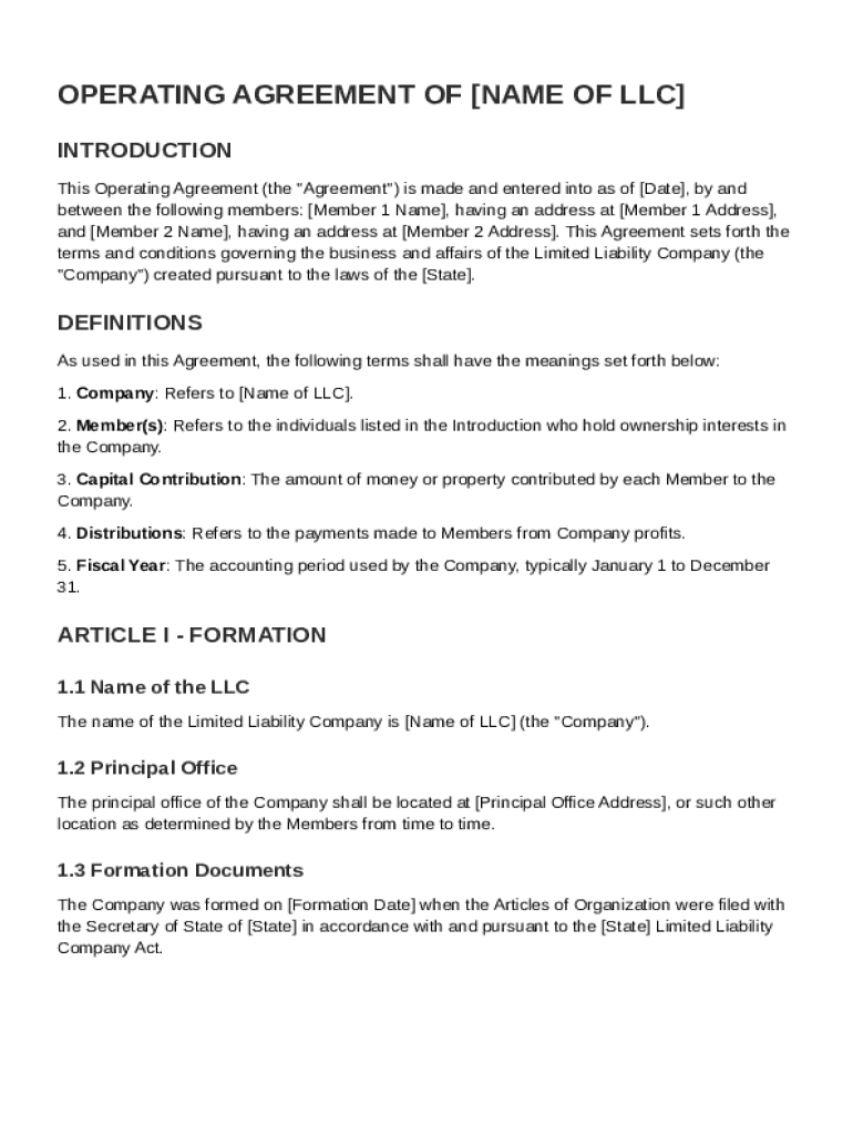 2 Member LLC Operating Agreement Template Preview on Page 1