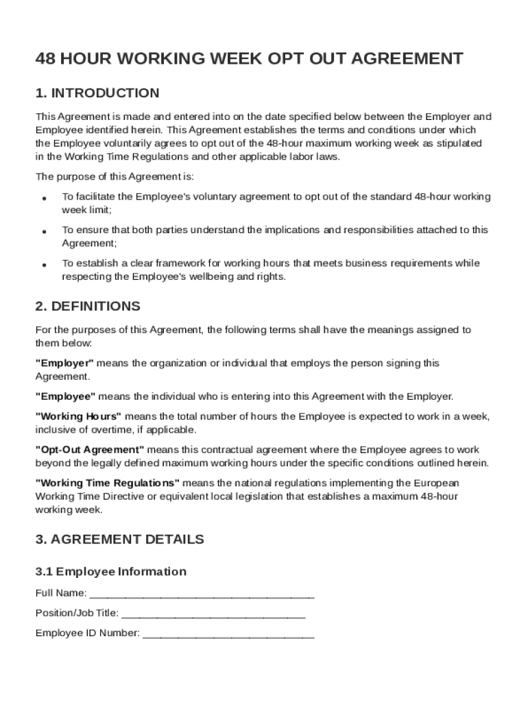 48 Hour Working Week Opt Out Agreement Template Preview on Page 1