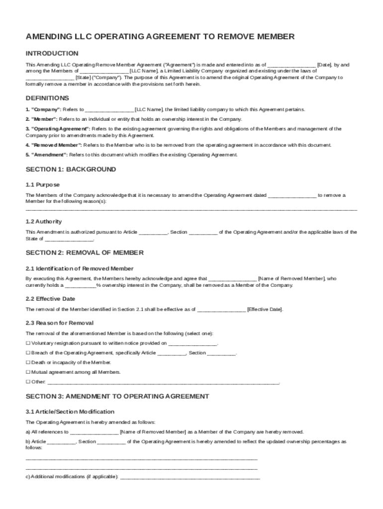 Amending LLC Operating Remove Member Agreement Template: Fill out