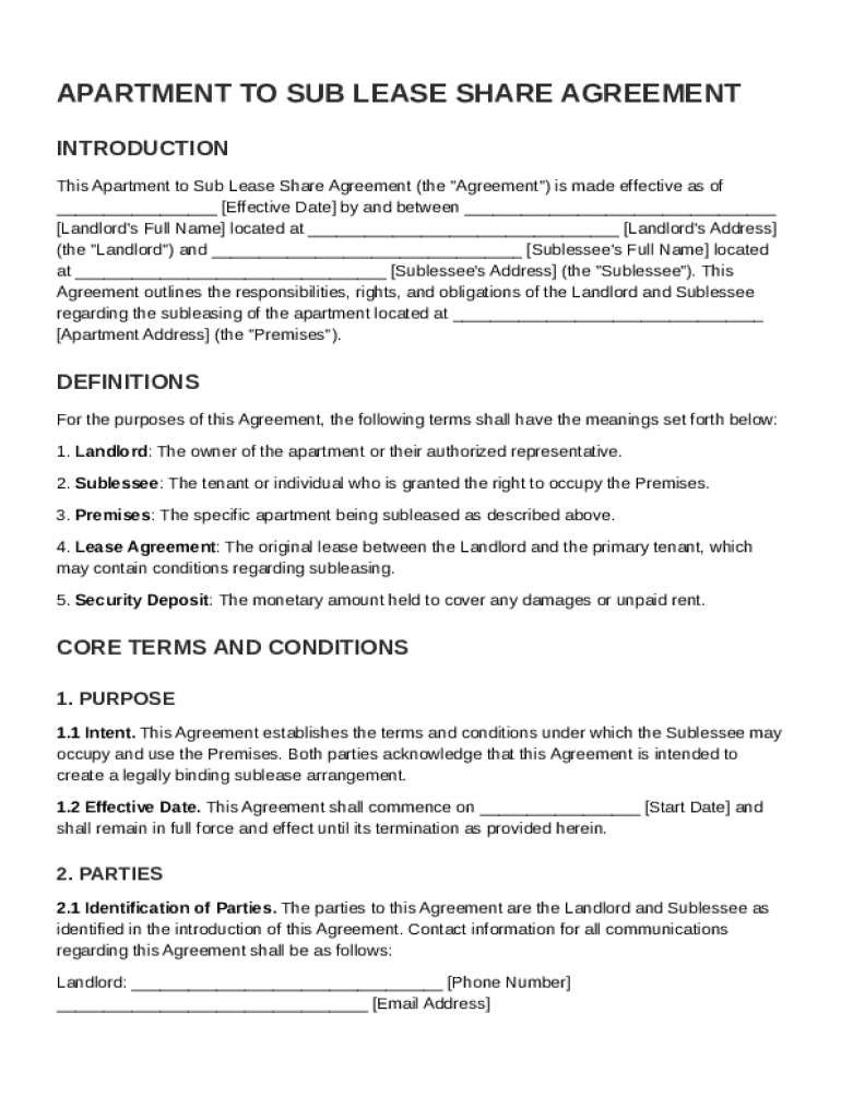 Apartment to Sub Lease Share Agreement Template Preview on Page 1