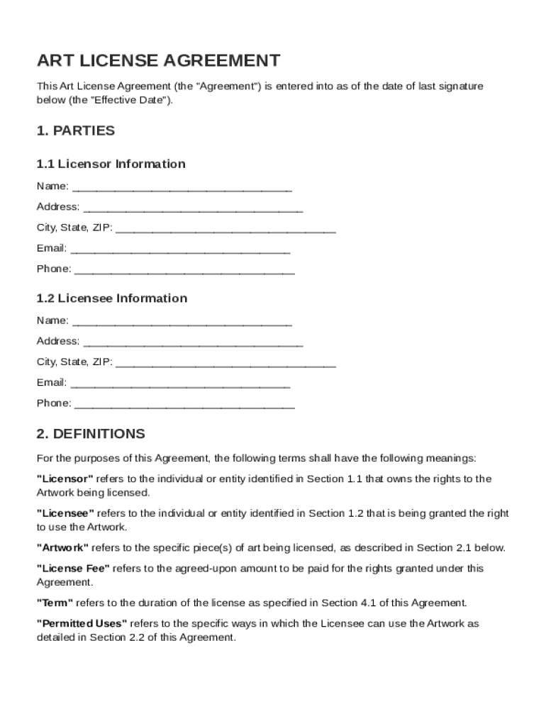 Art License Agreement Template Preview on Page 1