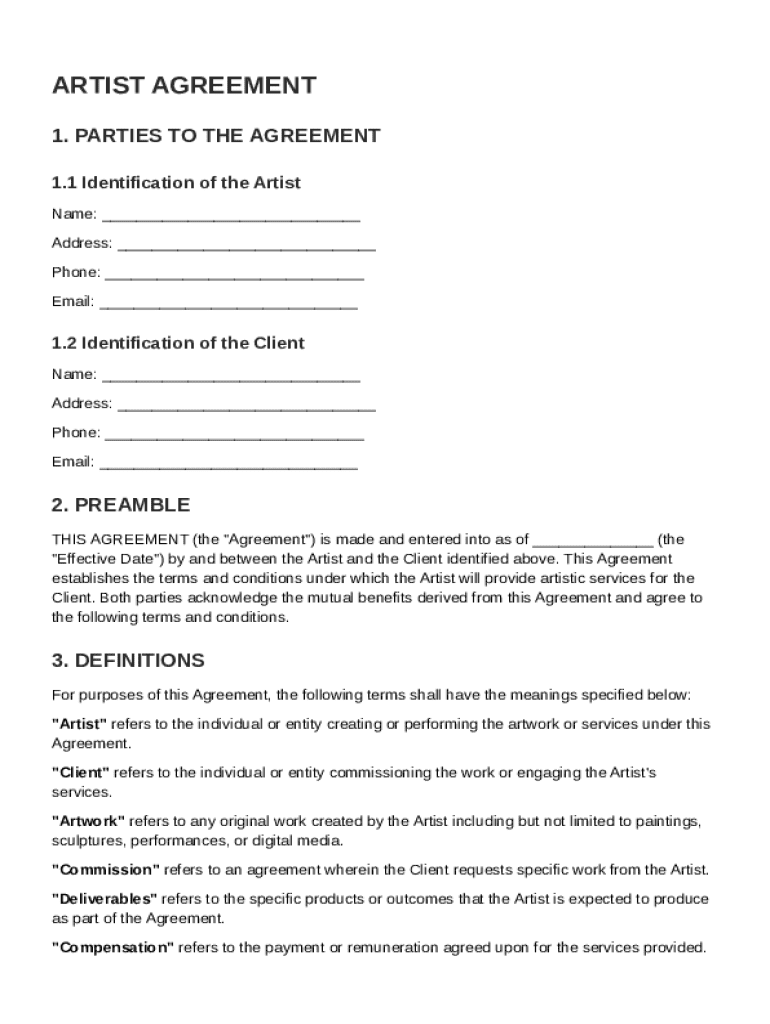 Artist Agreement Template Preview on Page 1