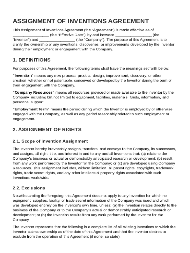 Assignment of Inventions Agreement Template Preview on Page 1