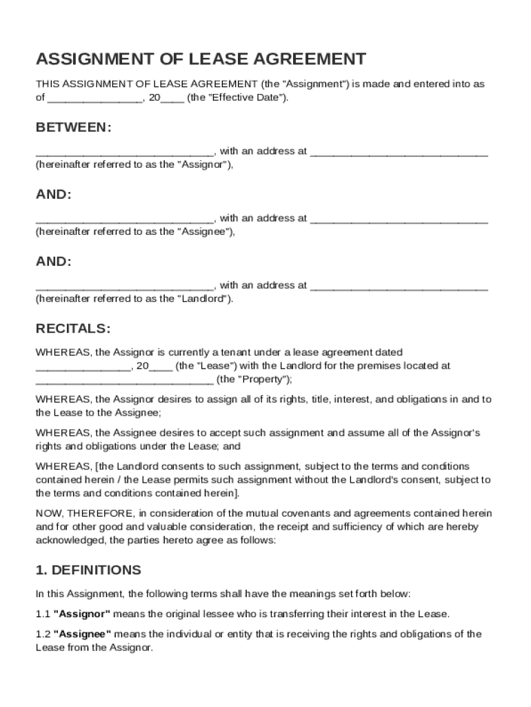 Assignment of Lease Agreement Template Preview on Page 1