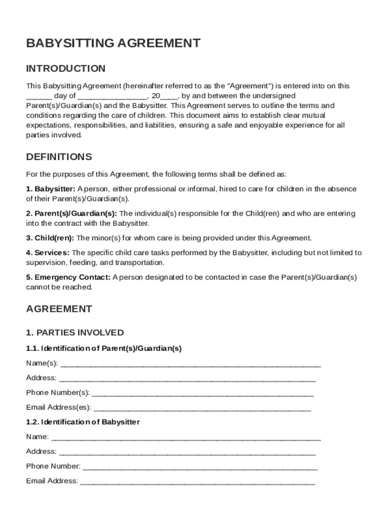 Babysitting Agreement Template Preview on Page 1