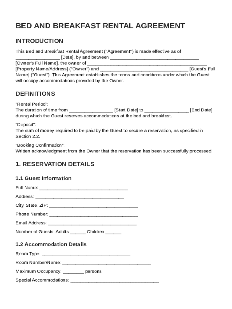 Bed and Breakfast Rental Agreement Template Preview on Page 1