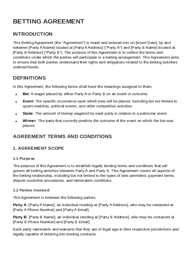 Betting Agreement Template Preview on Page 1