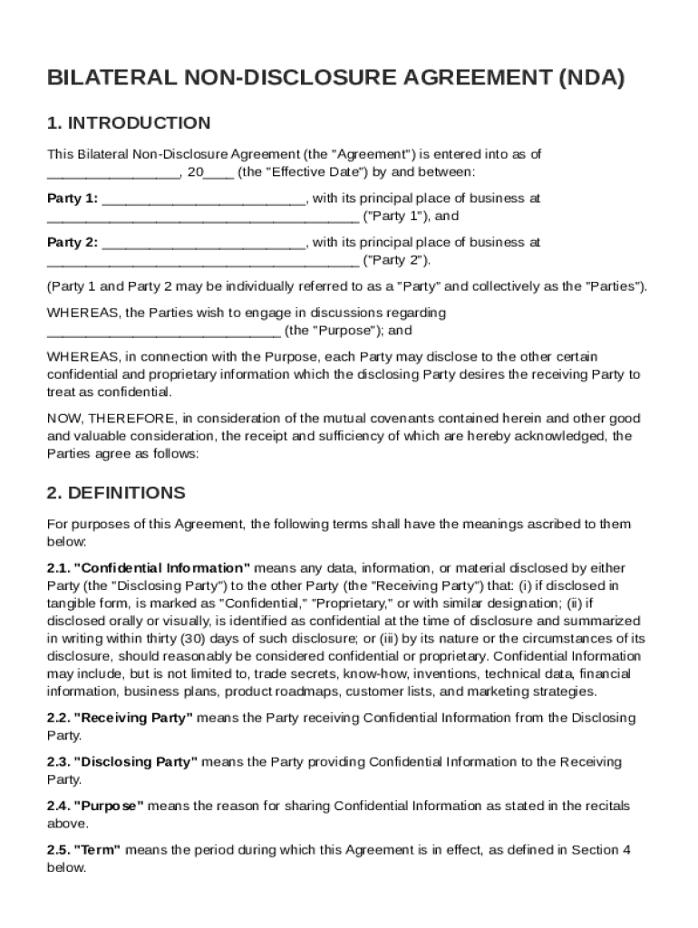 Bilateral Non Disclosure Agreement Template Preview on Page 1
