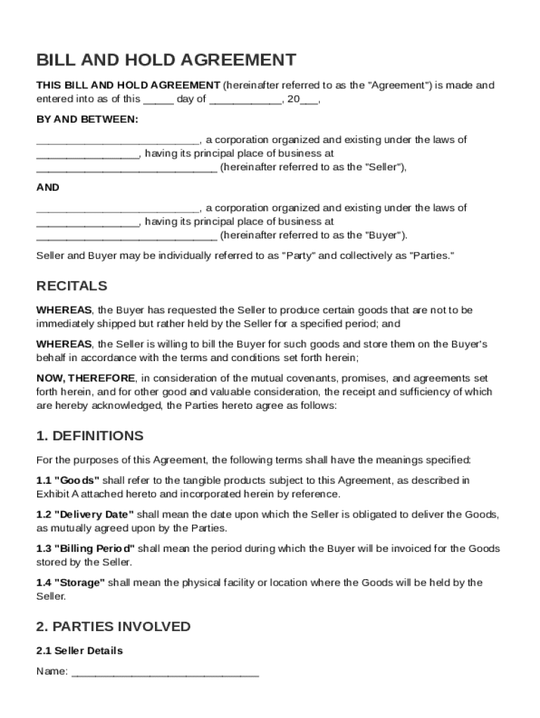 Bill and Hold Agreement Template Preview on Page 1