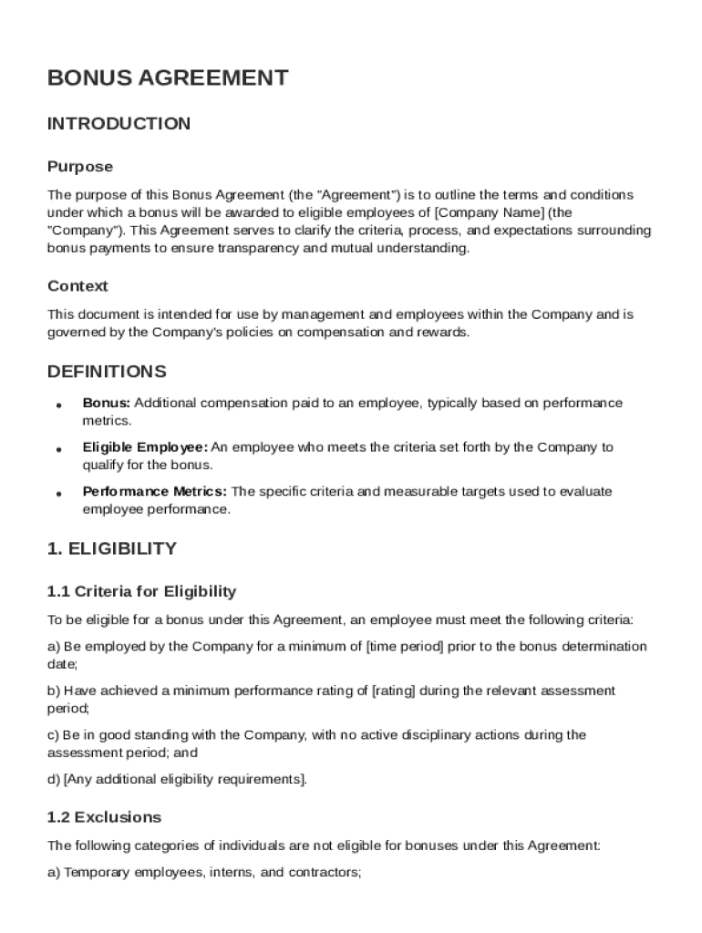 Bonus Agreement Template Preview on Page 1