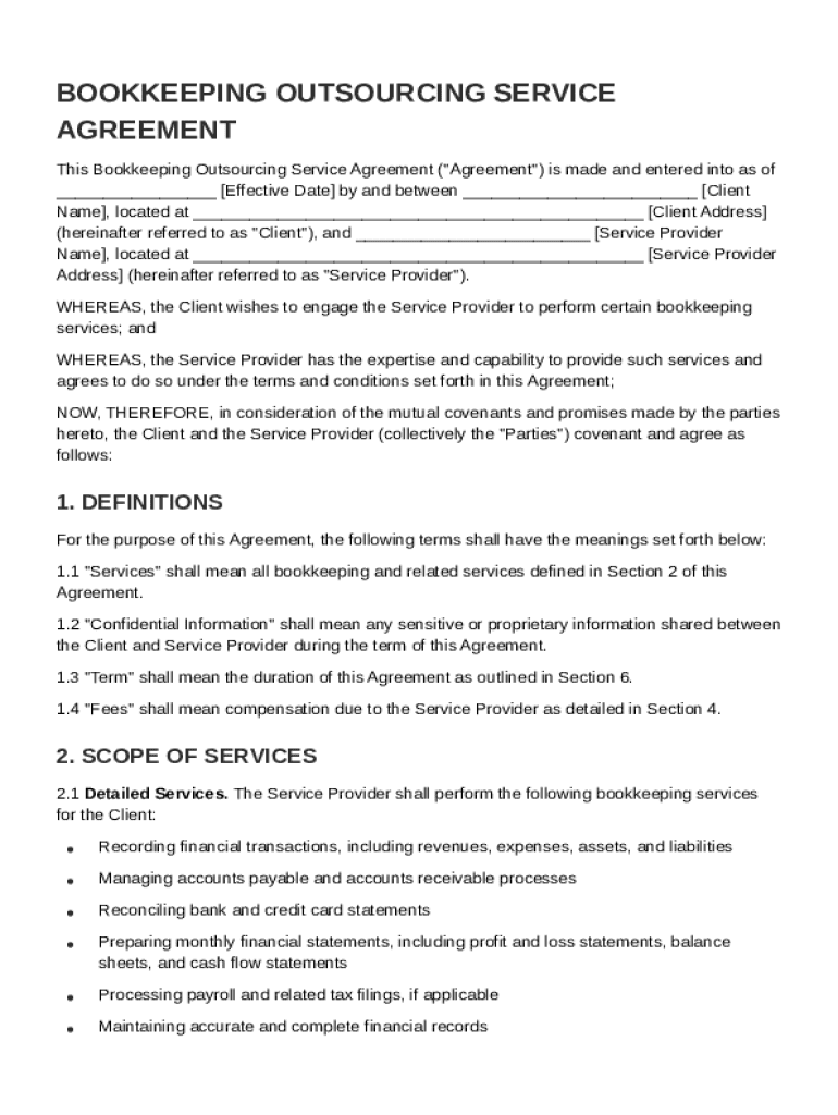 Bookkeeping Outsourcing Service Agreement Template Preview on Page 1