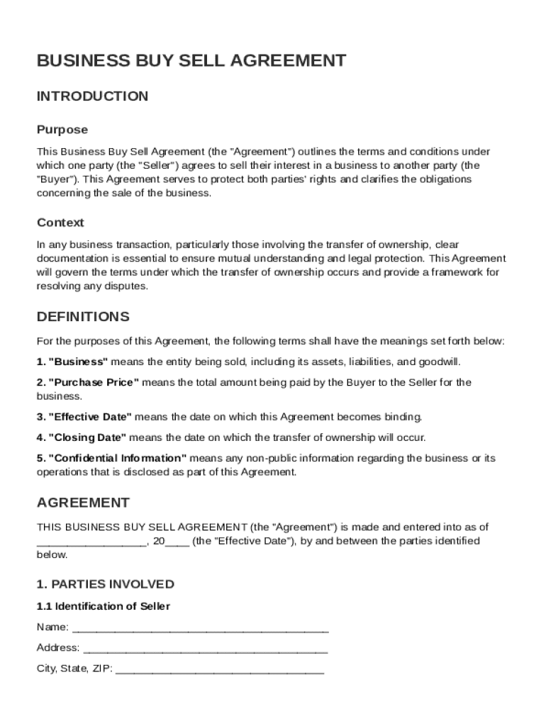 Business Buy Sell Agreement Template Preview on Page 1