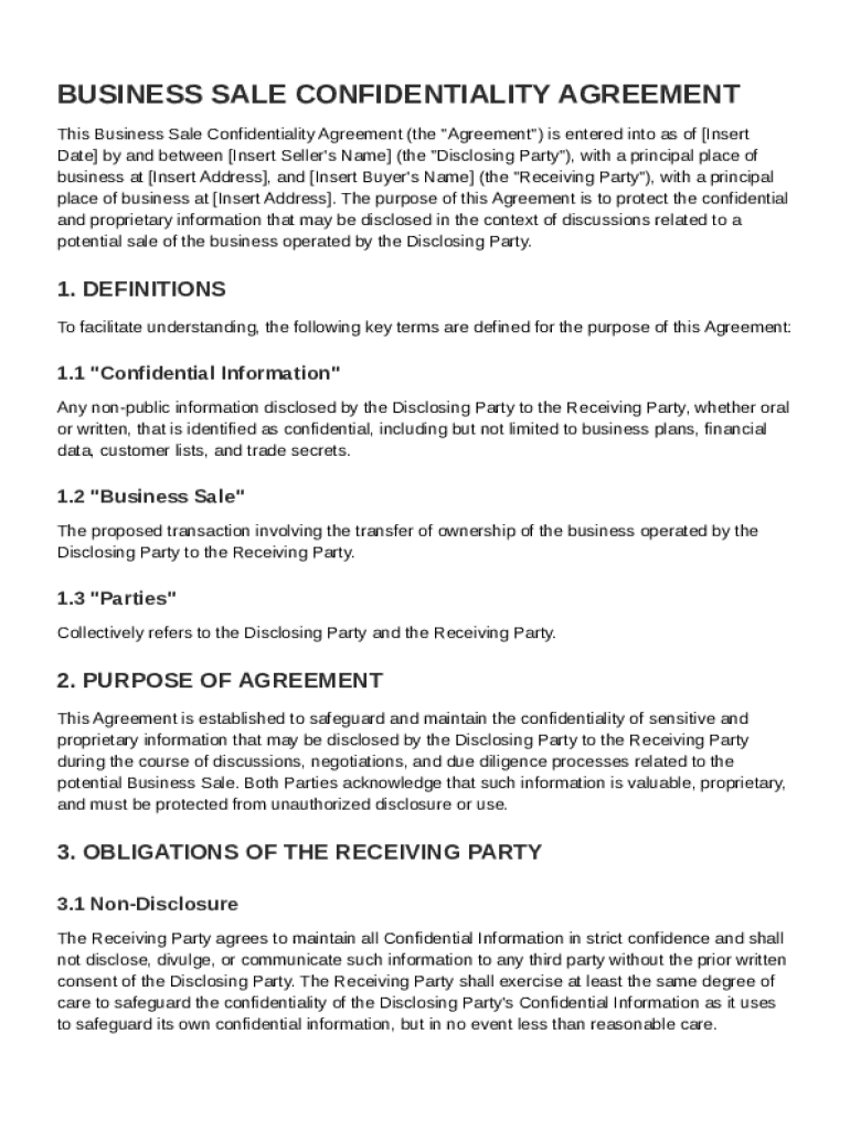 Business Sale Confidentiality Agreement Template Preview on Page 1