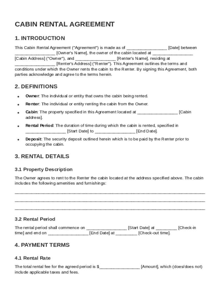 Cabin Rental Agreement Template Preview on Page 1