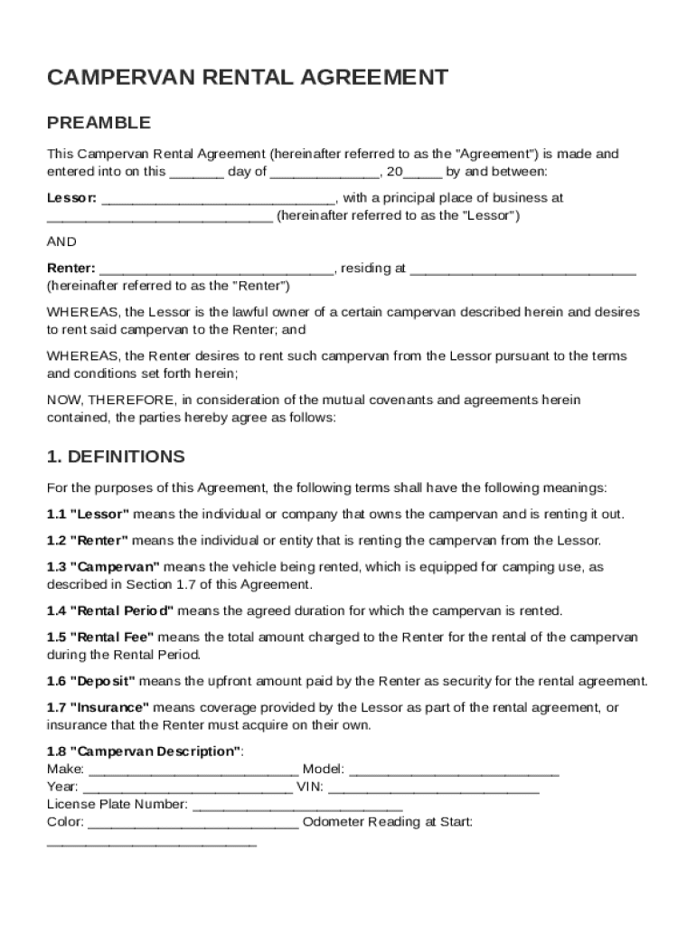 Campervan Rental Agreement Template Preview on Page 1