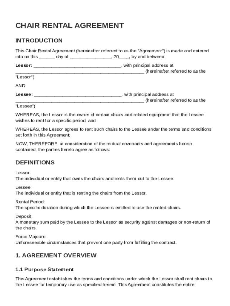 Chair Rental Agreement Template Preview on Page 1