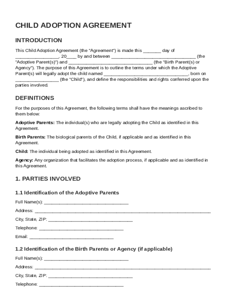 Child Adoption Agreement Template Preview on Page 1