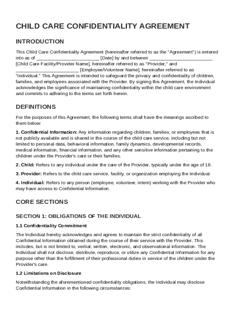 Child Care Confidentiality Agreement Template Preview on Page 1