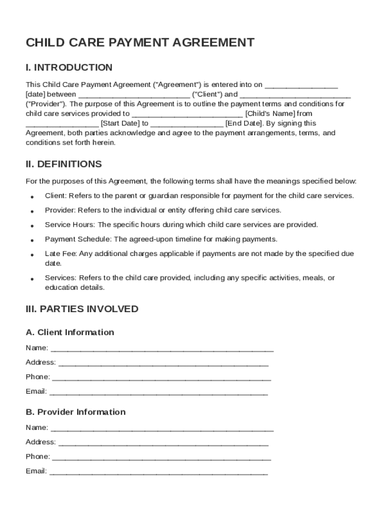 Child Care Payment Agreement Template Preview on Page 1