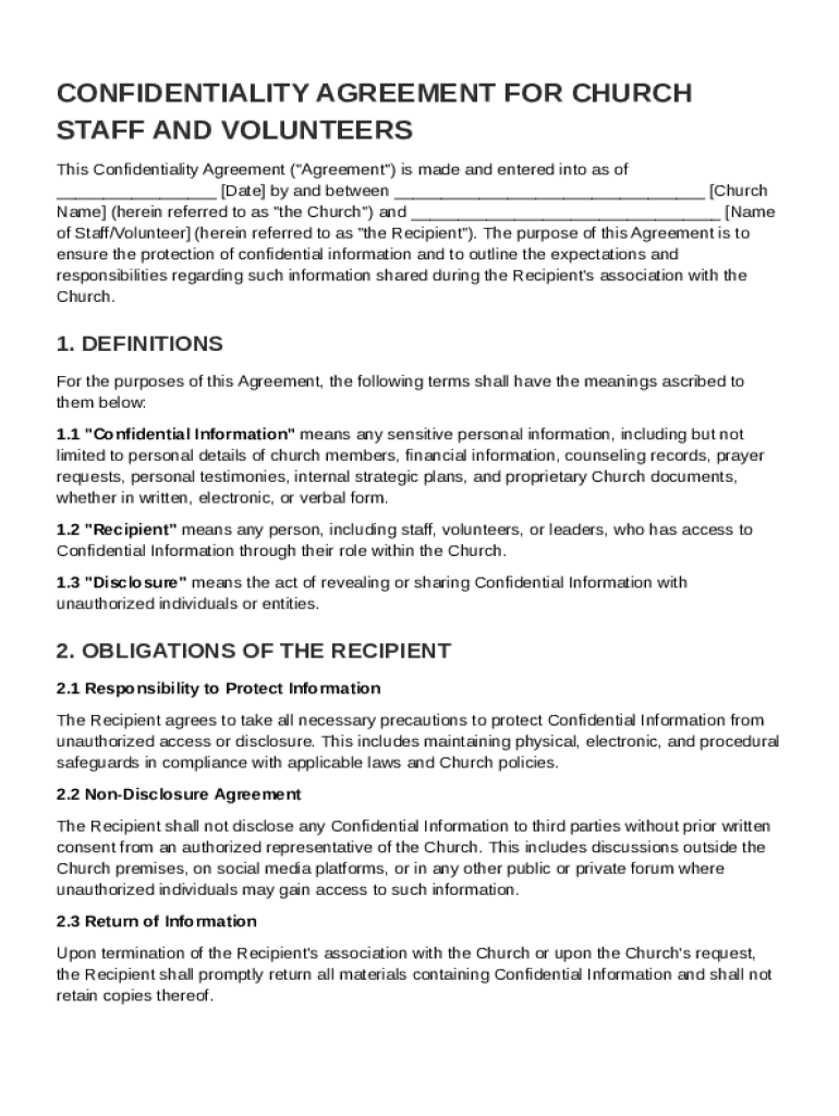 Church Confidentiality Agreement Template Preview on Page 1